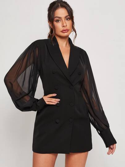 Solid Contrast Sleeve Double Breasted Blazer Dress