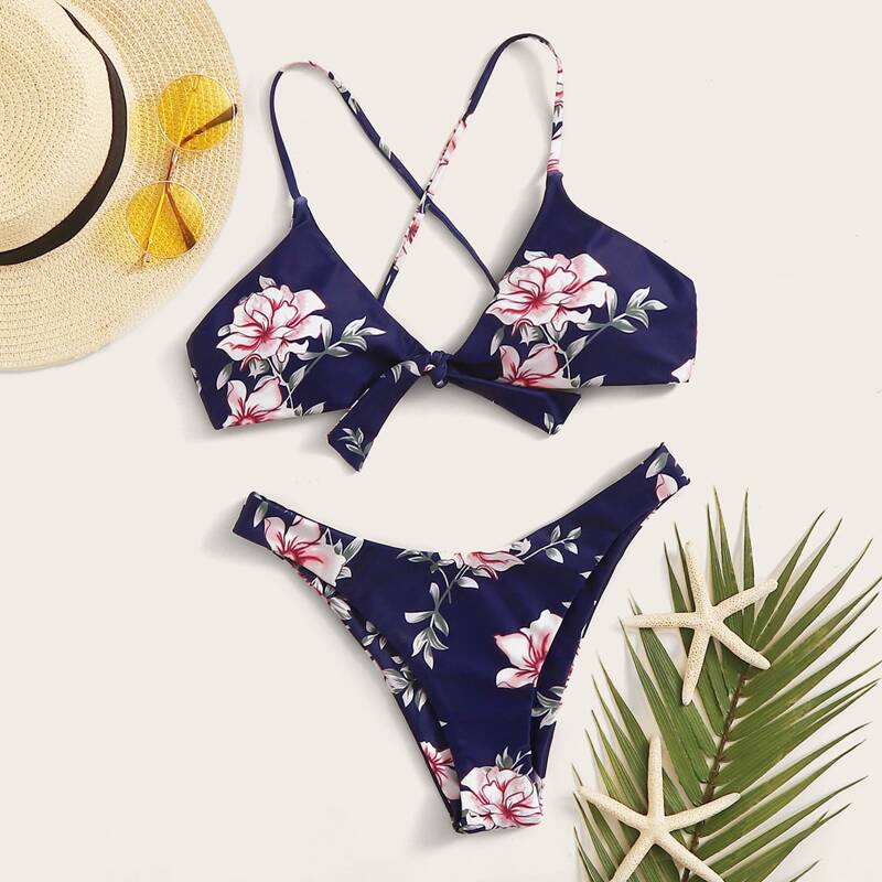 

Floral Random Print Knot Front Top With High Cut Bikini, Navy