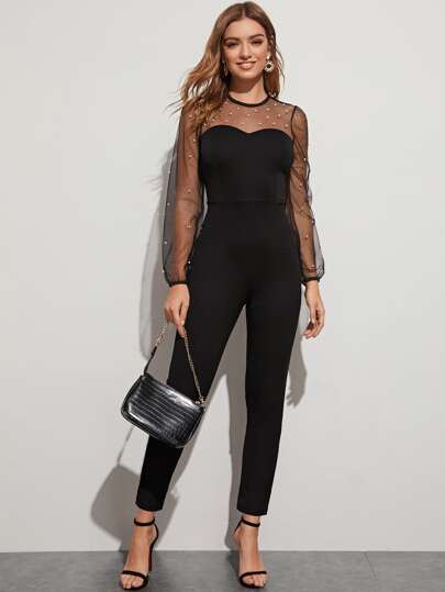 Pearls Beaded Contrast Mesh Jumpsuit