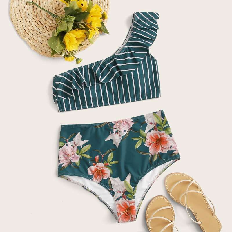 

Striped & Floral Print High Waisted Bikini Swimsuit, Green