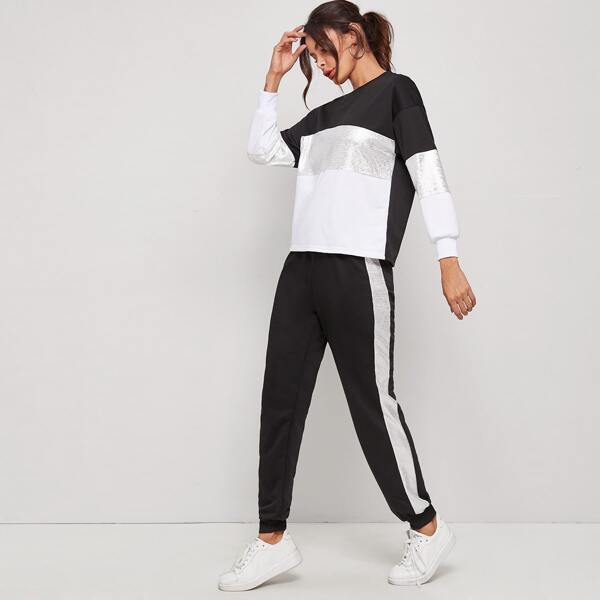 

Contrast Sequin Color-block Sweatshirt & Joggers, Black and white