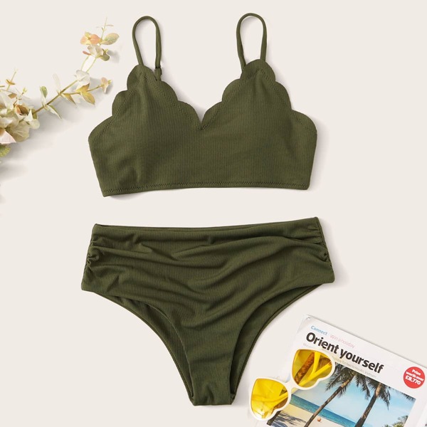 

Rib Scallop Trim Top With High Waist Bikini, Army green