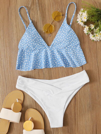 Heart Print Ruffle Trim Bikini Set