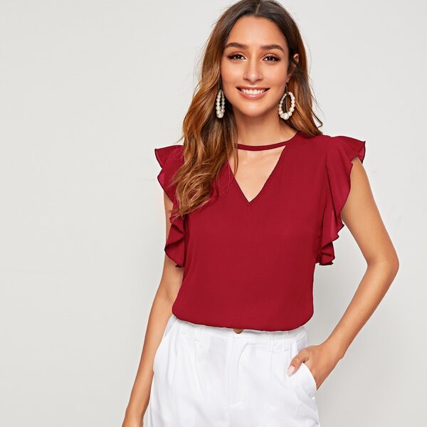 

Keyhole Neck Ruffle Trim Top, Burgundy