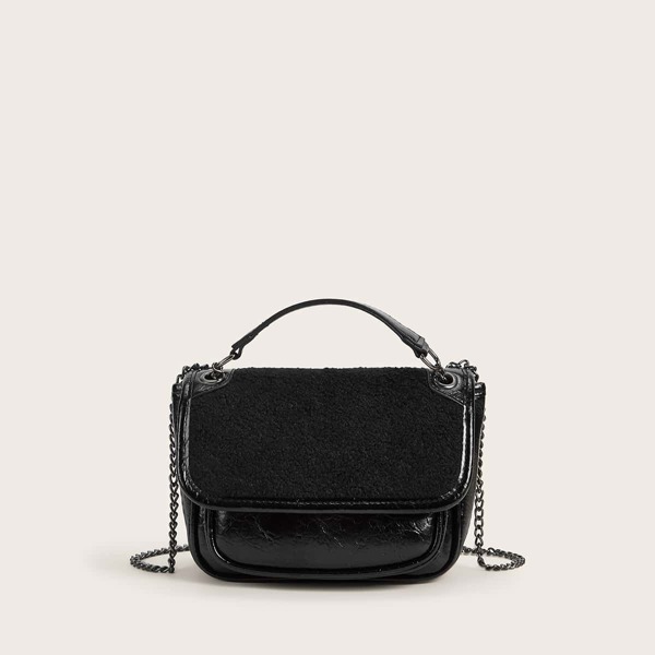 

Faux Fur Decor Flap Chain Bag, Black