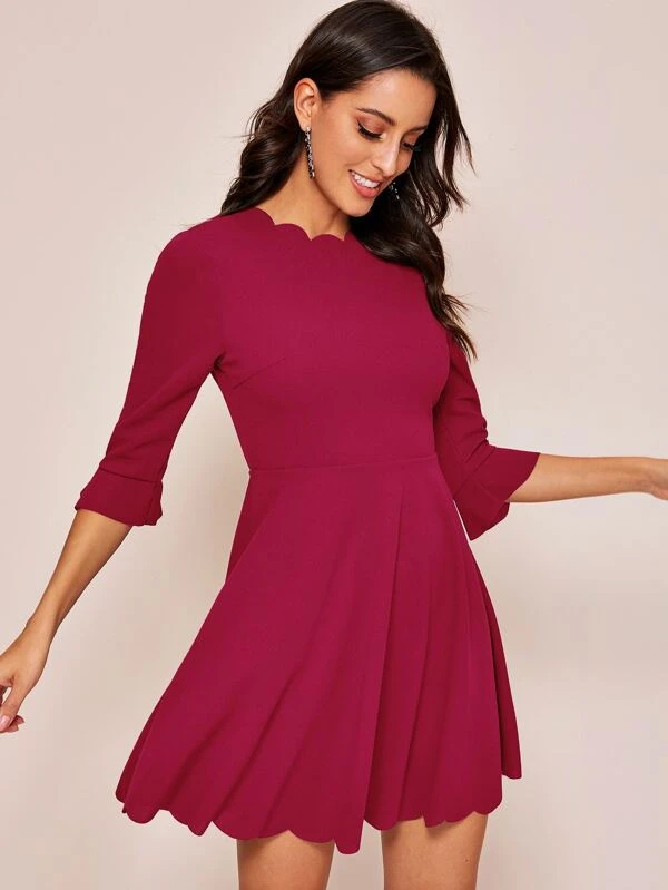 scallop trim fit and flare dress