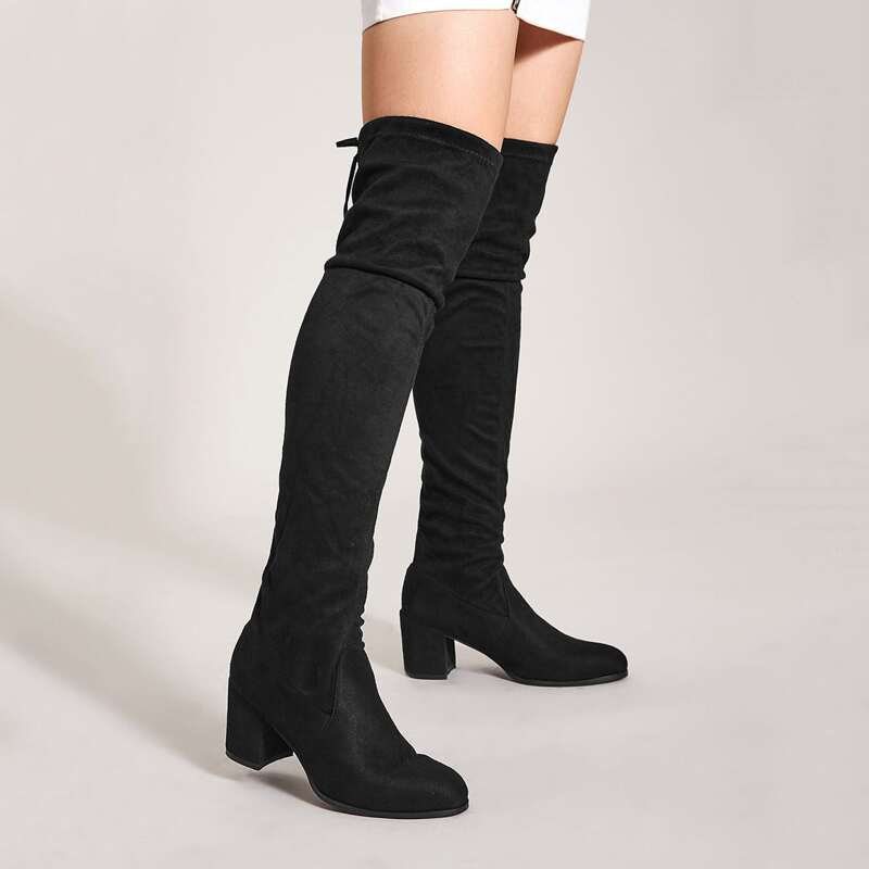 

Tie Back Over The Knee Chunky Boots, Black