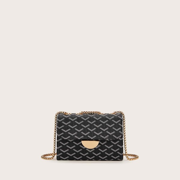 

Metal Lock Flap Chain Bag, Black