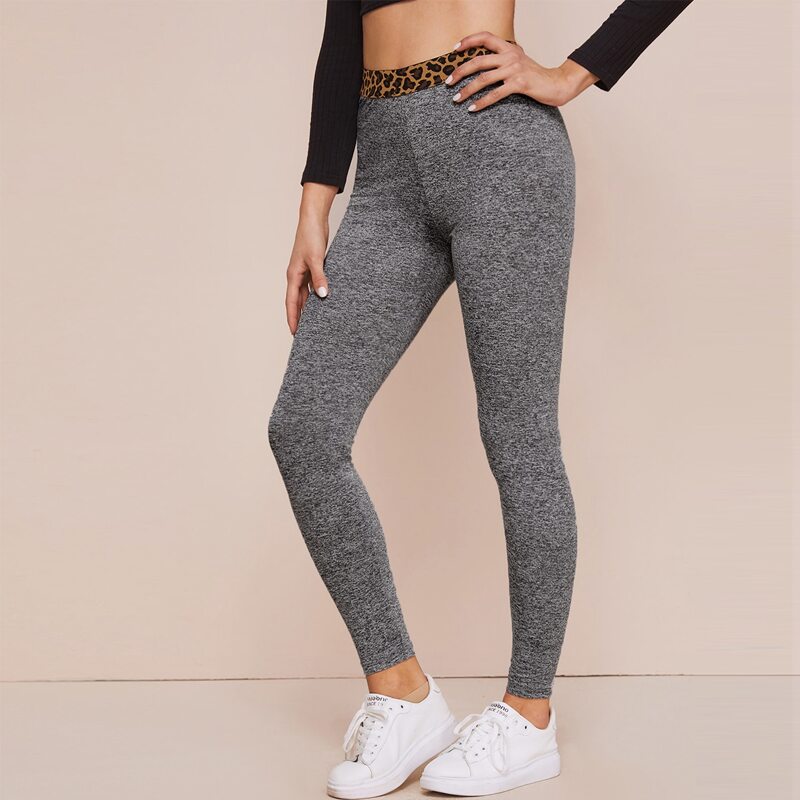 

Contrast Leopard Waist Leggings, Grey