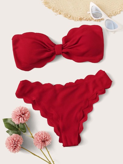 Textured Scallop Trim Bandeau Bikini Set
