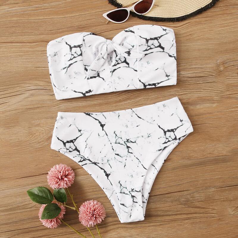 

Marble Print Bandeau High Waisted Bikini Swimsuit, White