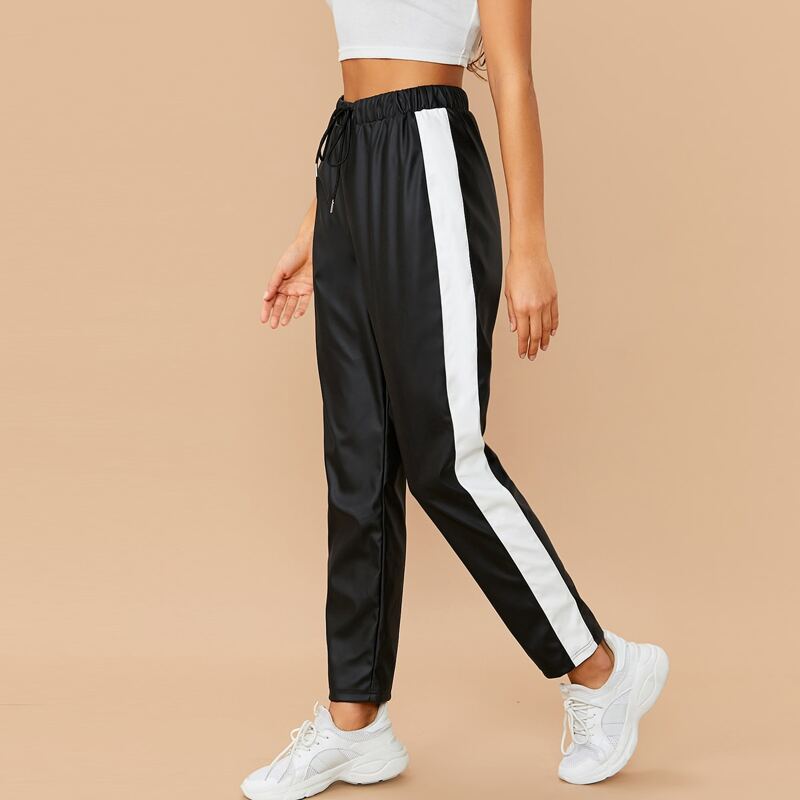 

Drawstring Waist Contrast Sideseam PU Leather Pants, Black