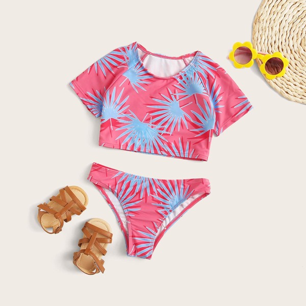 

Girls Tropical Short Sleeve Bikini Set, Multicolor