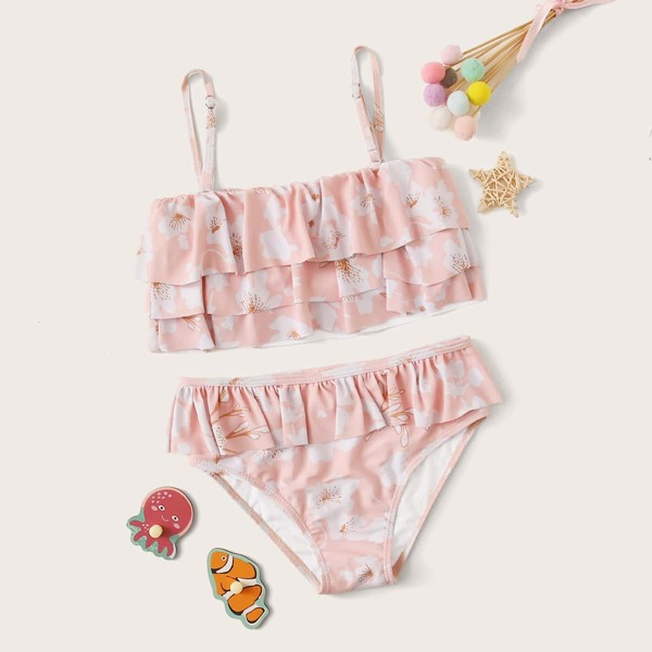 

Girls Floral Print Tiered Layer Bikini Set, Pink