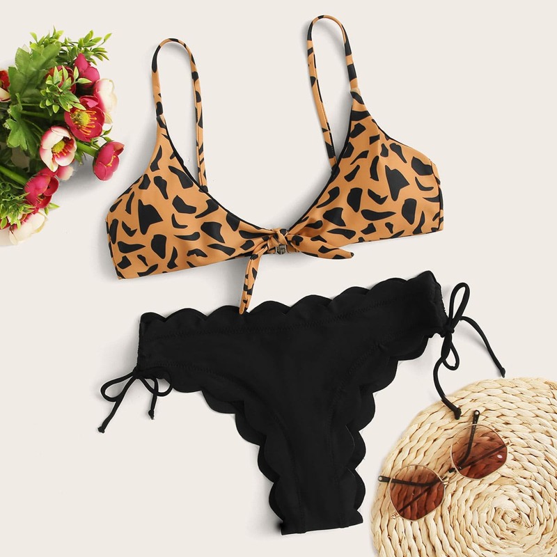 

Leopard Knot Front Tie Side Bikini Swimsuit, Multicolor