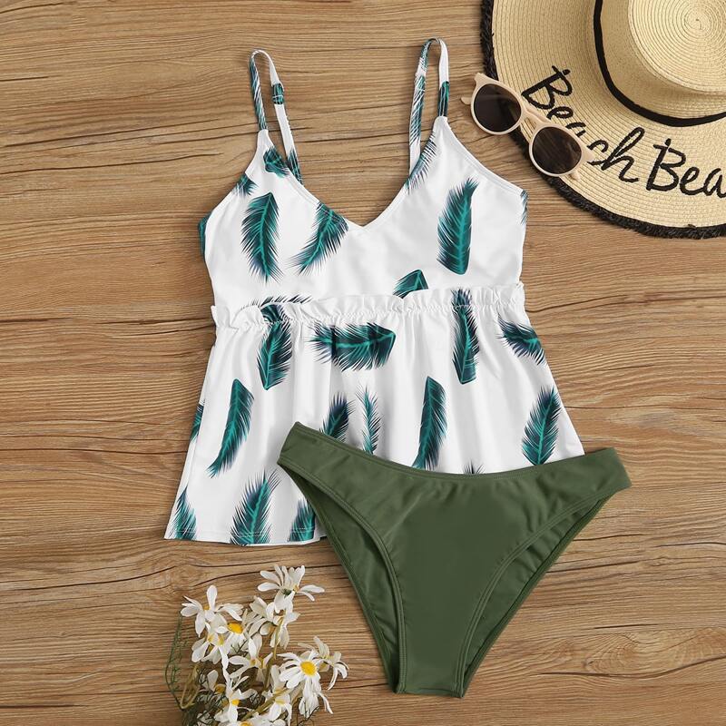 

Feather Random Print High Cut Bikini Swimsuit, Multicolor