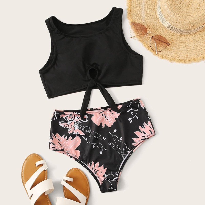 

Knot Front Top With Floral Print Bikini Set, Black