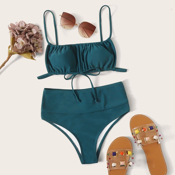 

Tie Front Top With High Waist Bikini Set, Green