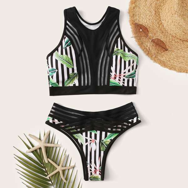 

Striped & Tropical Print Contrast Mesh Bikini Set, Multicolor