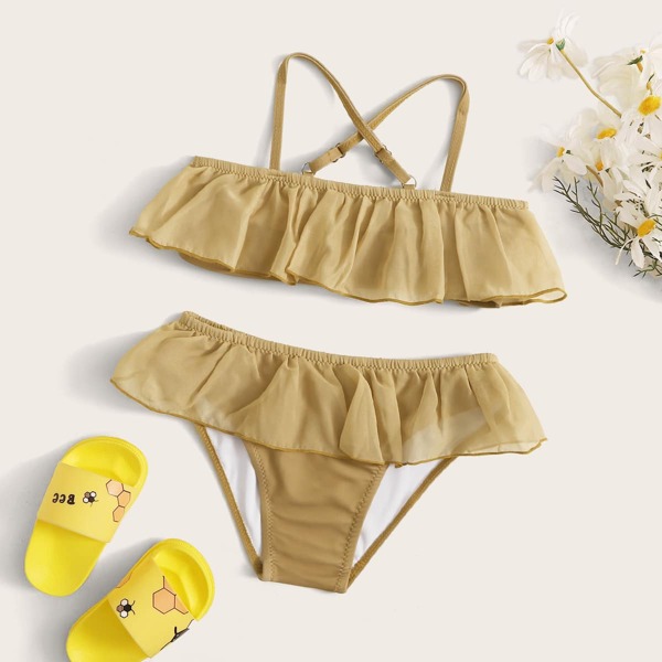 

Girls Ruffle Trim Criss Cross Bikini Set, Brown pastel