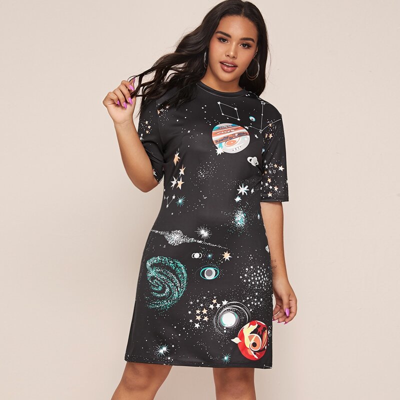 

Plus Galaxy Print Tee Dress, Black