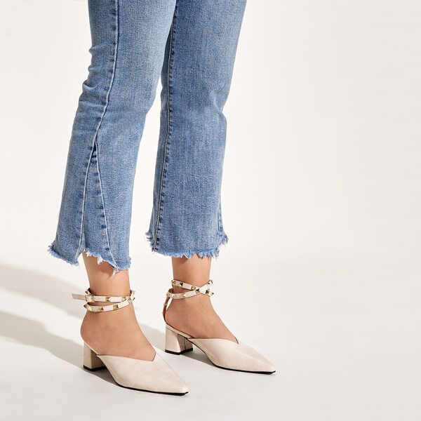 

Studded Decor Croc Embossed Chunky Heels, Beige