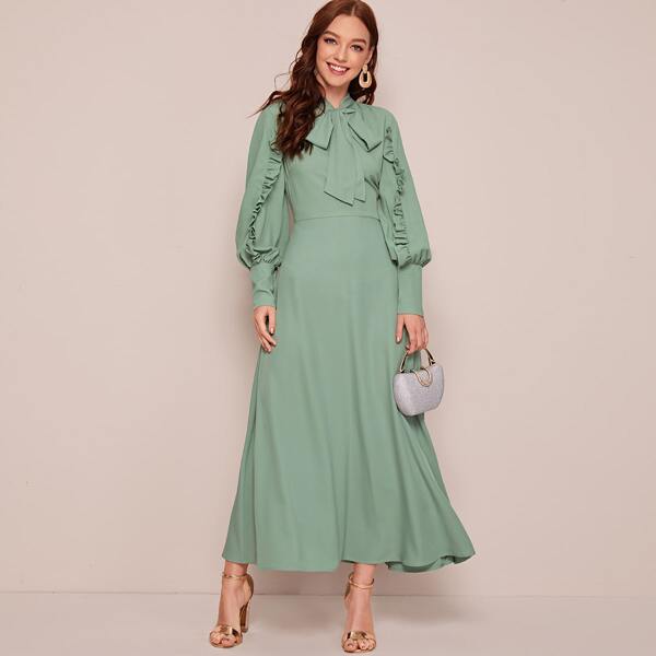 

Tie Neck Ruffle Trim Sleeve Dress, Green pastel