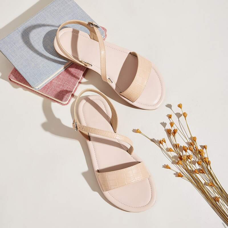 

Croc Embossed Flat Sandals, Nude