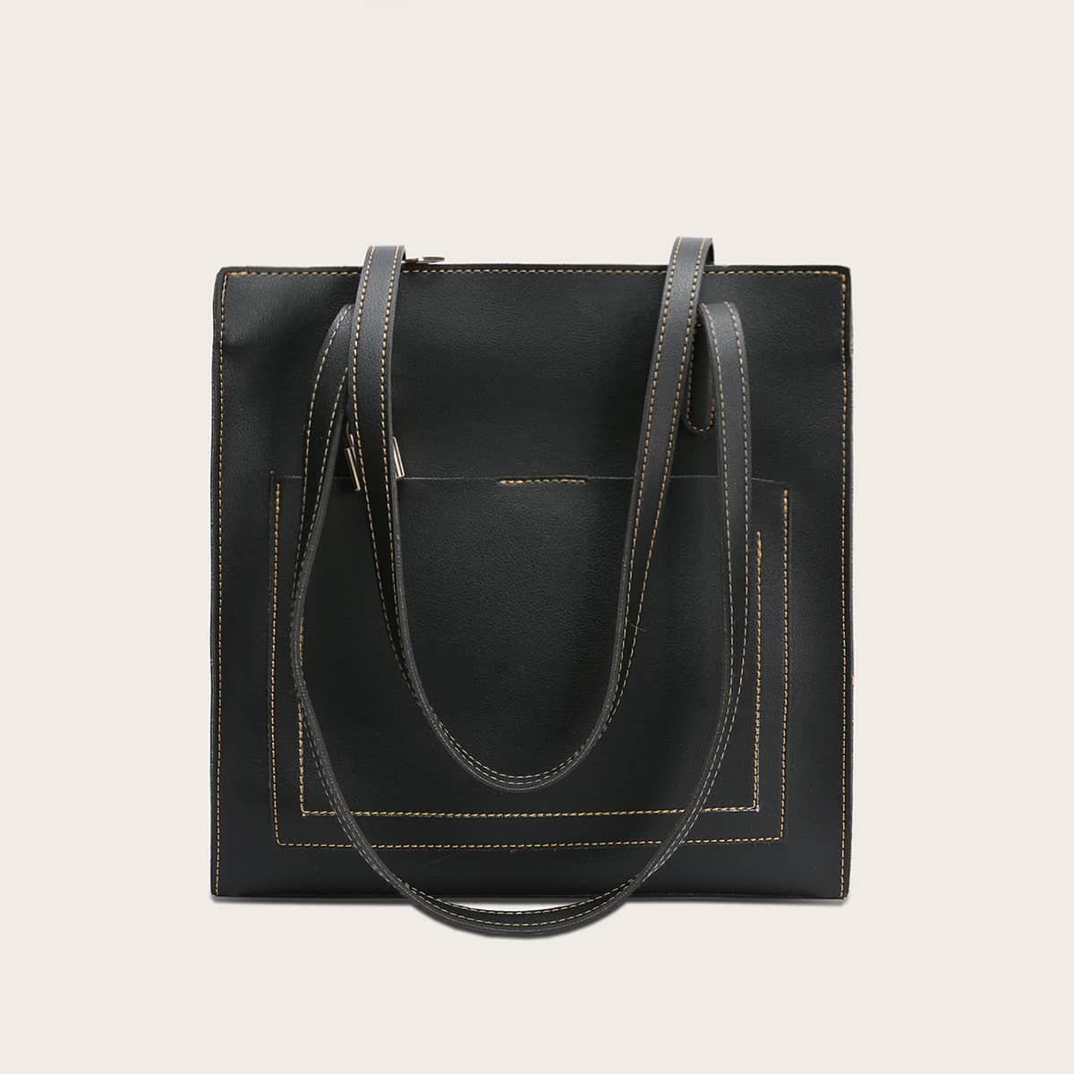 

Metal Lock Decor Pocket Front Tote Bag, Black