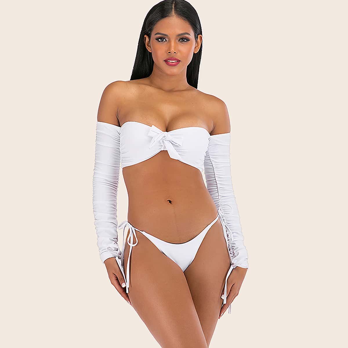 

Tie Front Long Sleeve Top With Tie Side Bikini Set, White