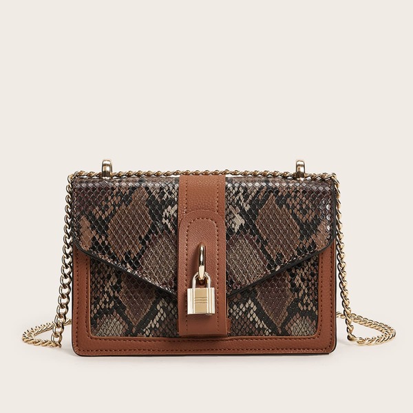 

Metal Lock Snakeskin Print Chain Bag, Multicolor