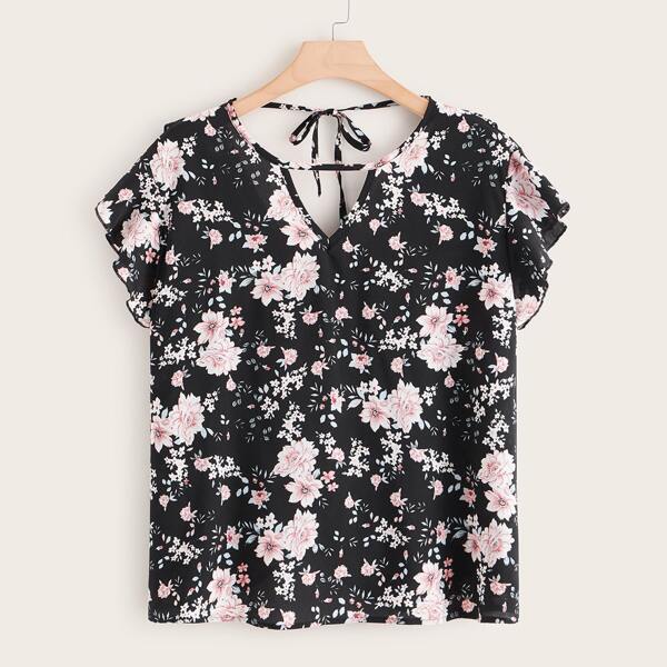 

Plus Floral Print Peekaboo Tie Back Blouse, Multicolor