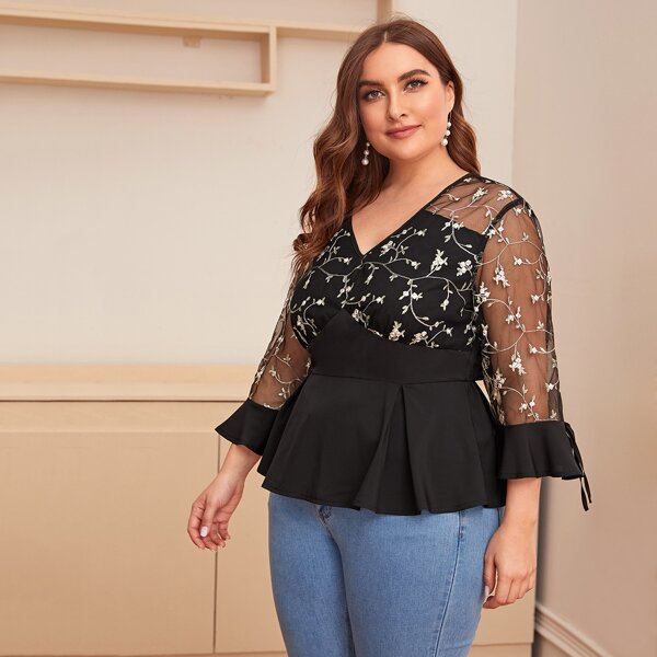 

Plus Floral Embroidery Mesh Bodice Peplum Top, Black