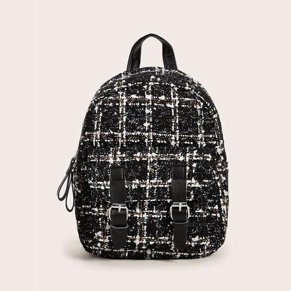 

Double Buckle Decor Tweed Backpack, Black