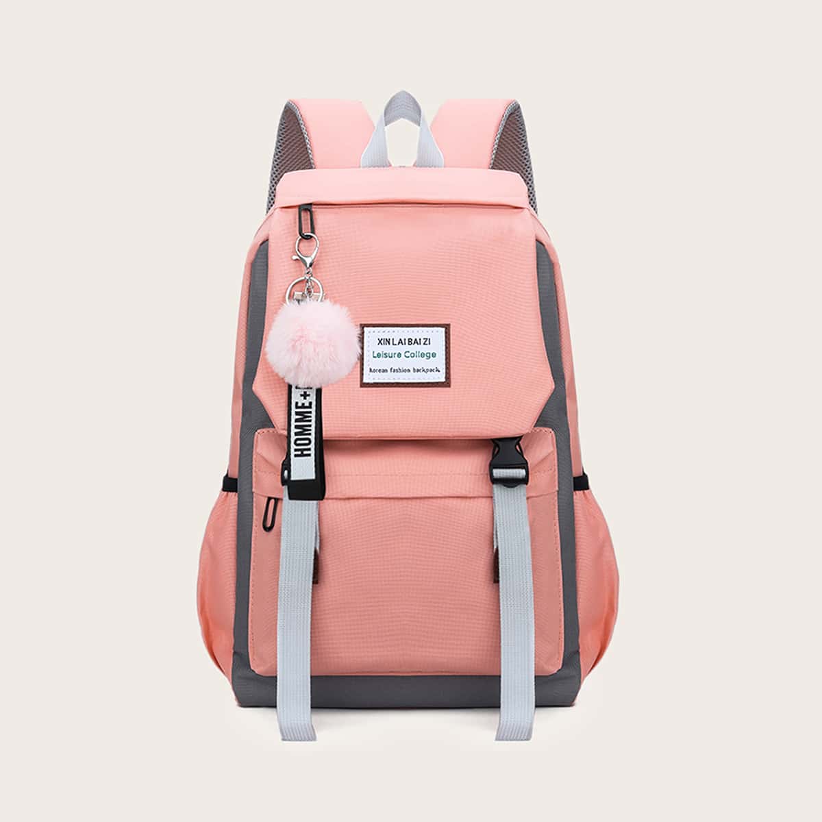 

Pom Pom Decor Letter Patch Backpack, Pink