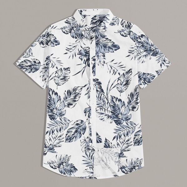 

Men Tropical Print Button Up Shirt, White