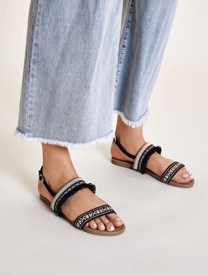 Open Toe Tribal Pattern Slingback Flat Sandals