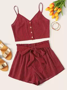 SHEIN 前紐扣條紋短版吊帶上衣和腰帶短褲套裝 - 酒紅色 - 查看 1