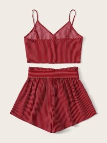 SHEIN 前紐扣條紋短版吊帶上衣和腰帶短褲套裝 - 酒紅色 - 查看 2