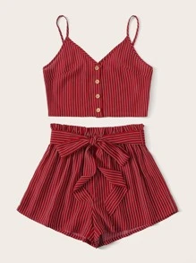 SHEIN 前紐扣條紋短版吊帶上衣和腰帶短褲套裝 - 酒紅色 - 查看 3