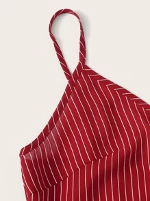 SHEIN 前紐扣條紋短版吊帶上衣和腰帶短褲套裝 - 酒紅色 - 查看 5