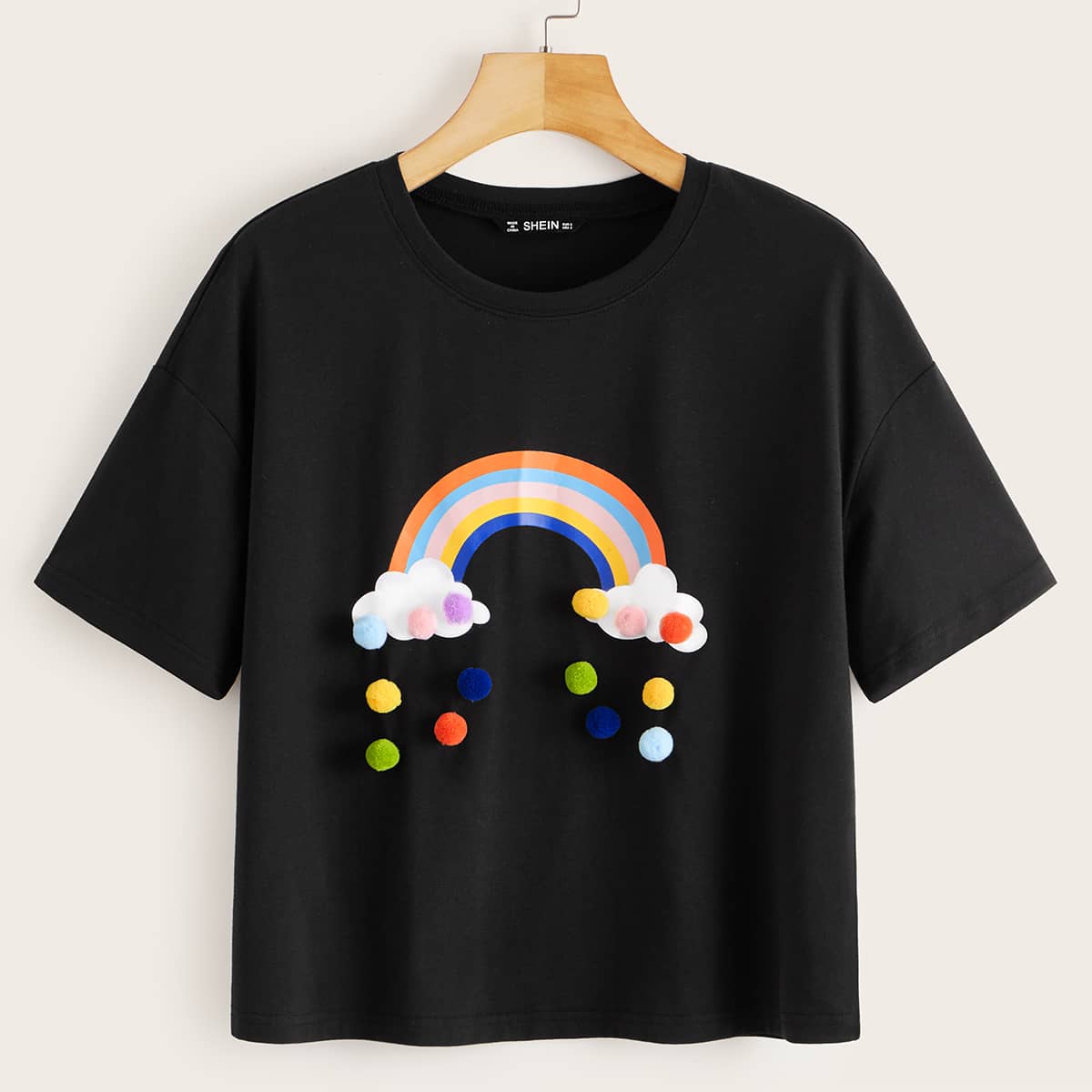 

Pom Pom Applique Rainbow Tee, Black