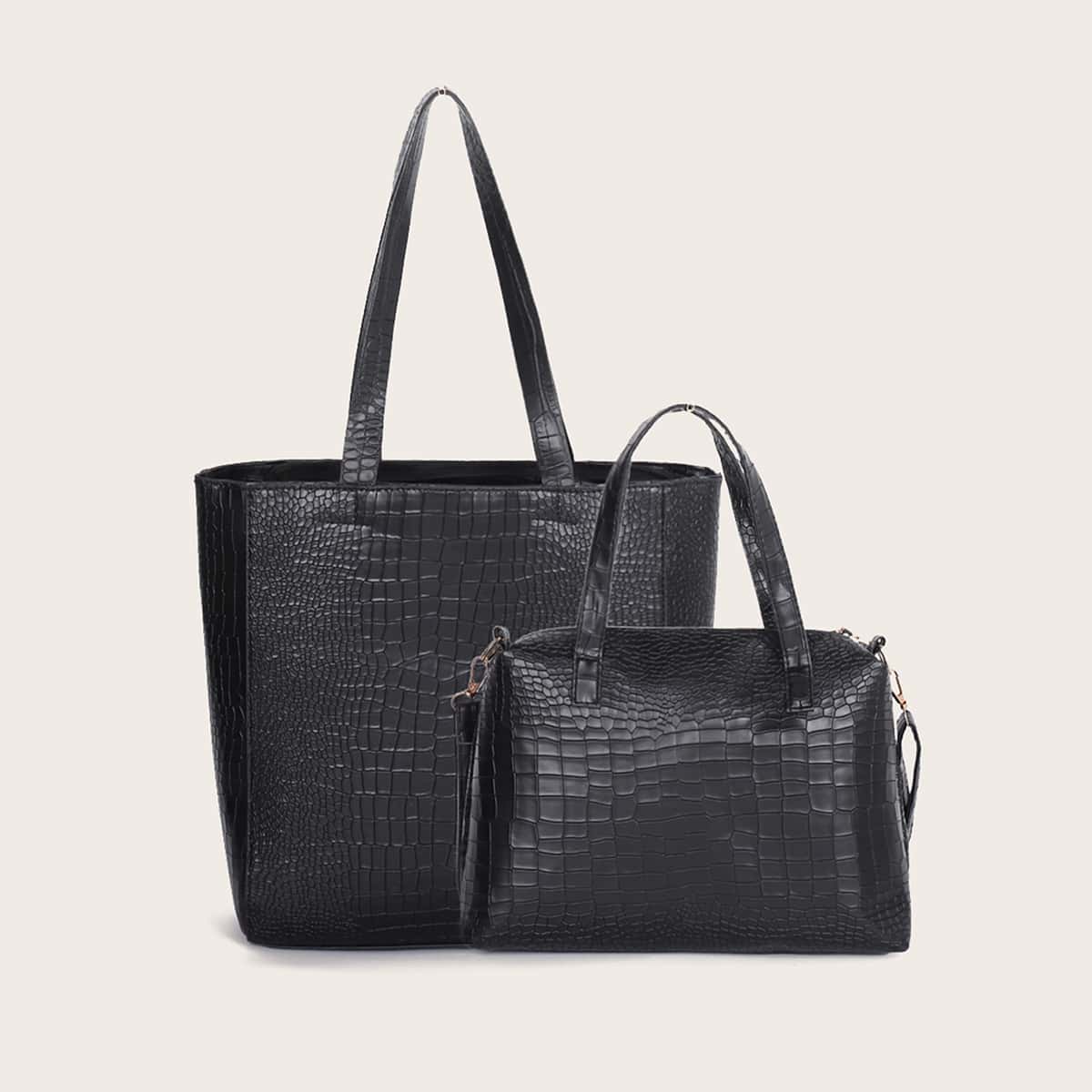 

2pcs Croc Embossed Tote Bag With Satchel Bag, Black
