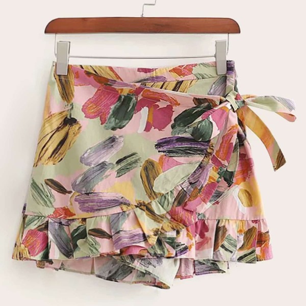 

Plus Brush Print Ruffle Hem Knot Skort, Multicolor