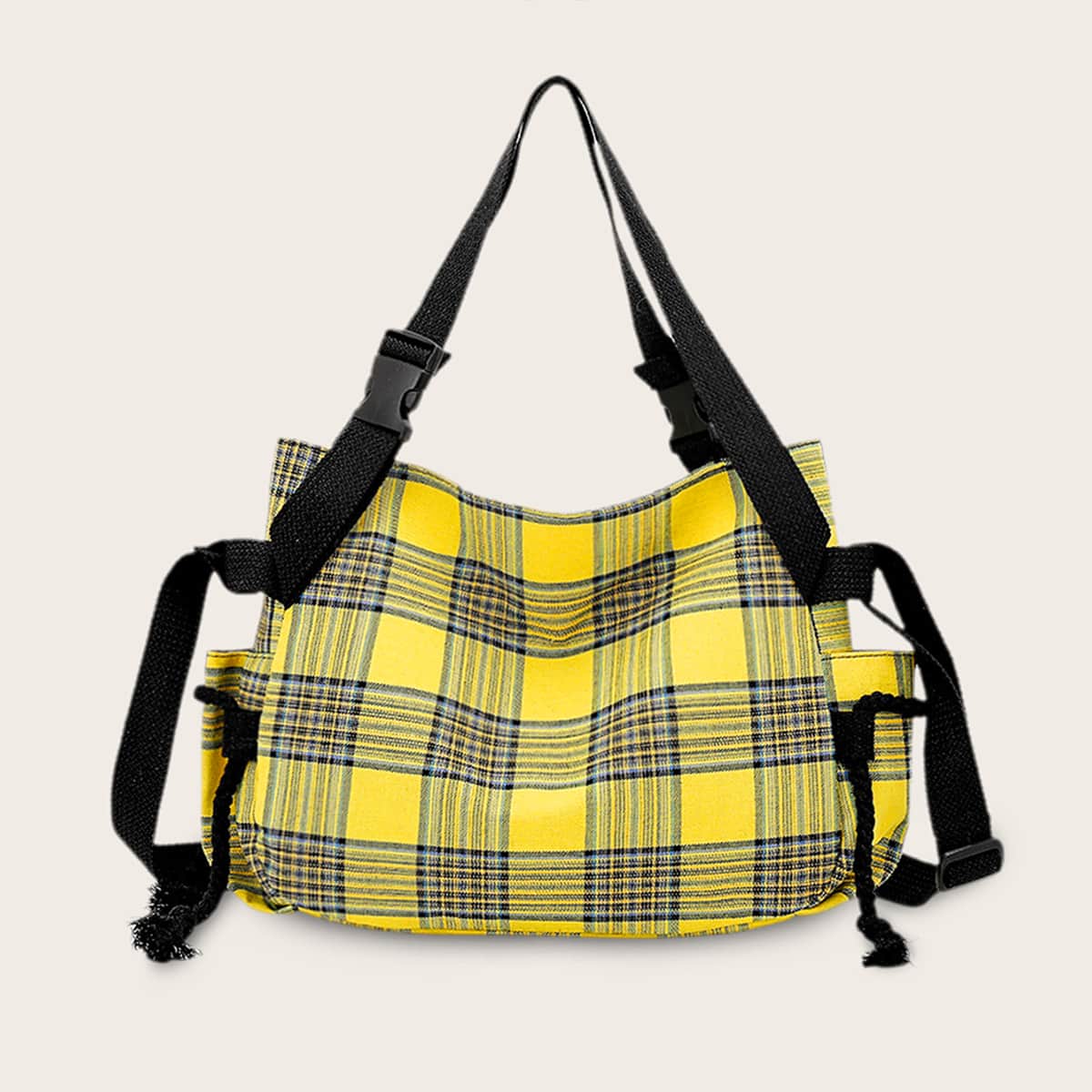 

Plaid Release Buckle Strap Tote Bag, Yellow