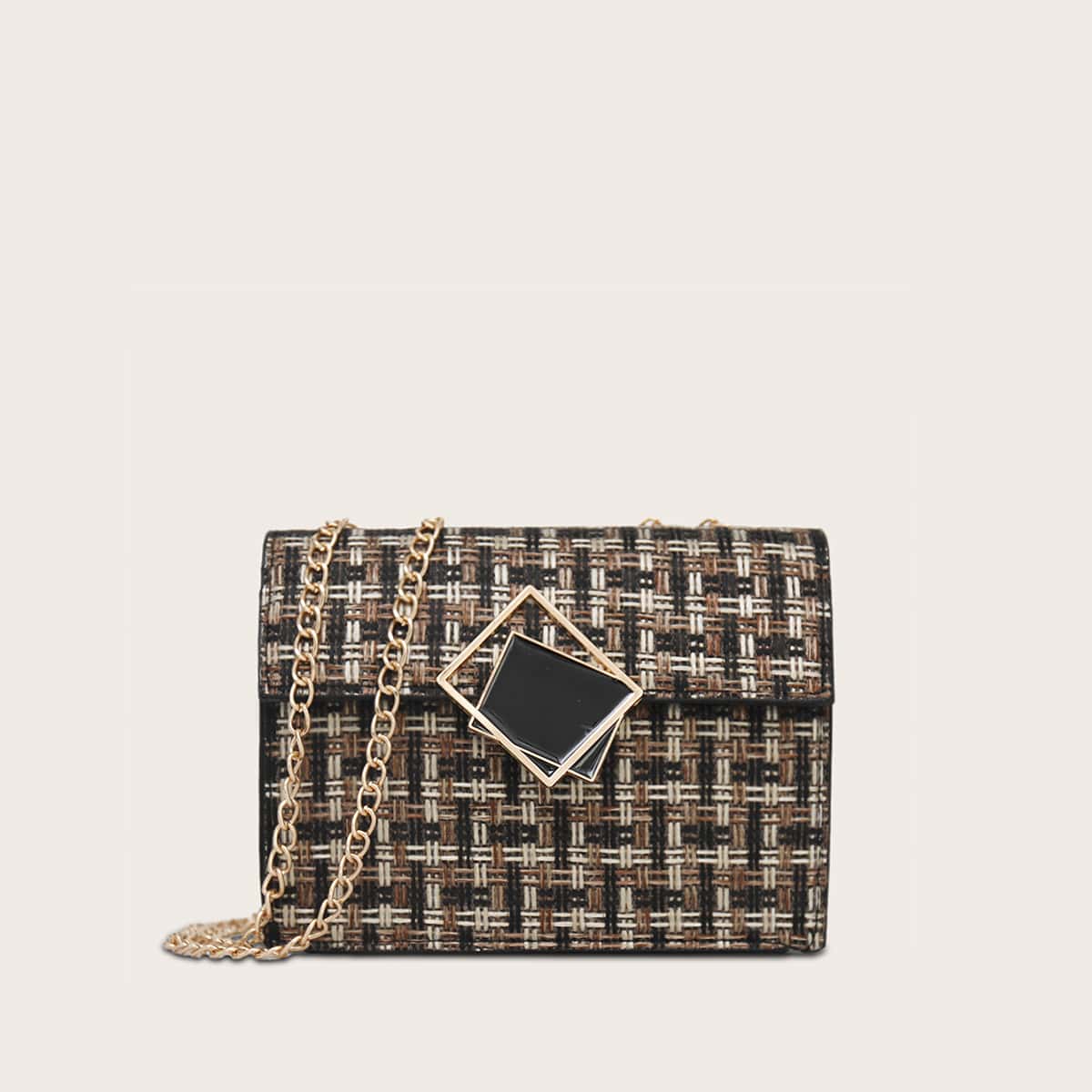 

Geometric Decor Tweed Chain Bag, Multicolor
