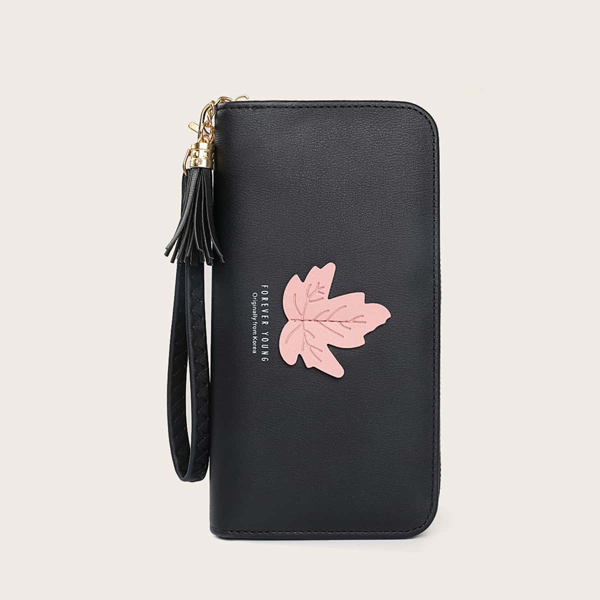 

Tassel Decor Leaf Patch Purse, Black