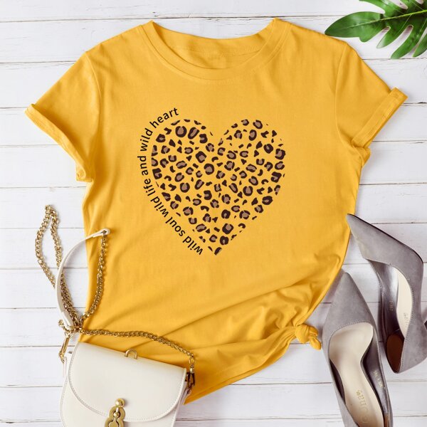 

Leopard Heart & Letter Graphic Tee, Mustard yellow