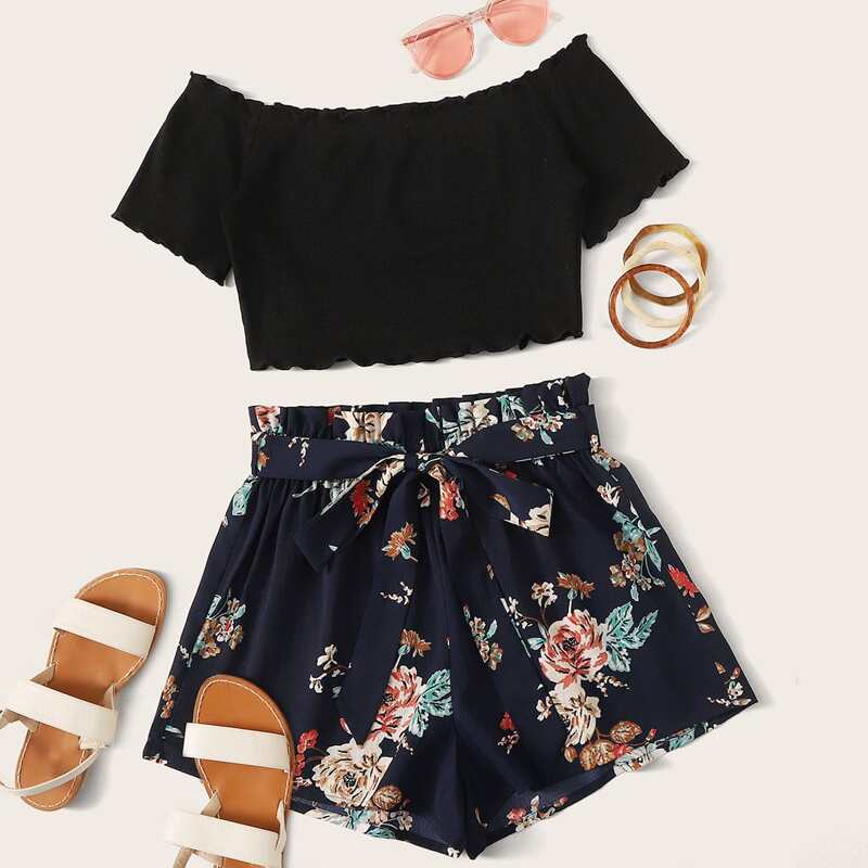 

Off Shoulder Crop Top & Belted Floral Shorts, Multicolor