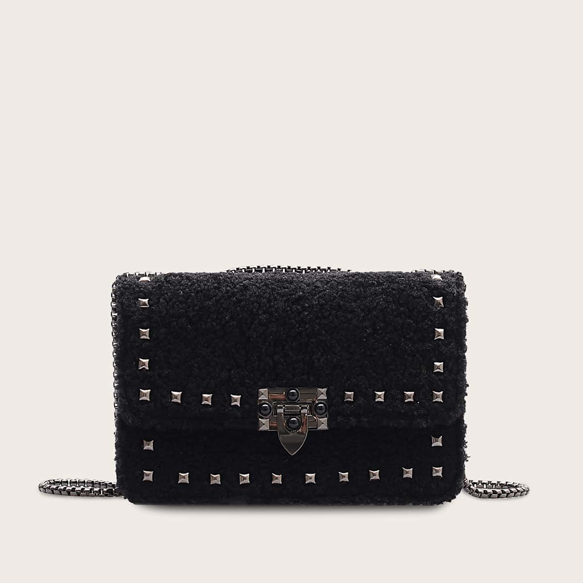 

Studded Decor Faux Shearling Chain Bag, Black